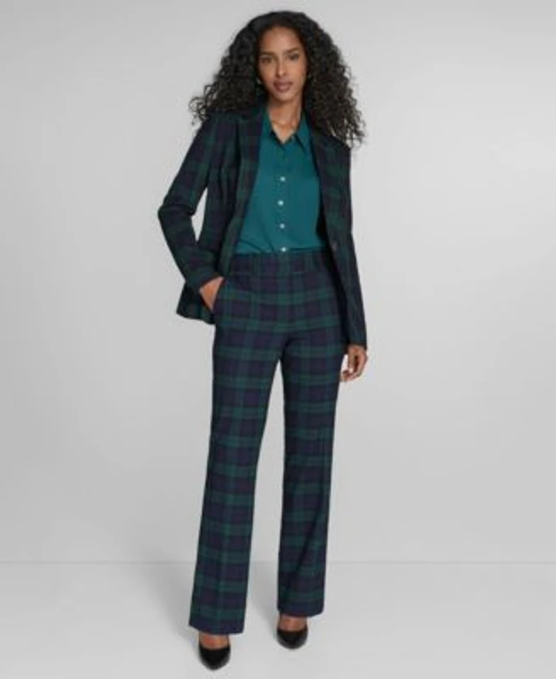 Tommy Hilfiger Womens Watch Plaid Slim Fit Blazer Bootcut Trousers Pleated Long Sleeve Button Down