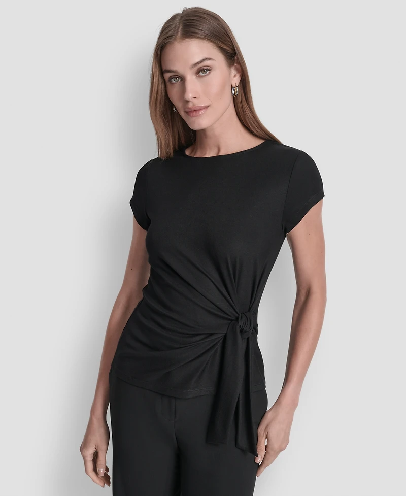 Dkny Women's Short Sleeve Rib Knit Waist Tie Detail Top