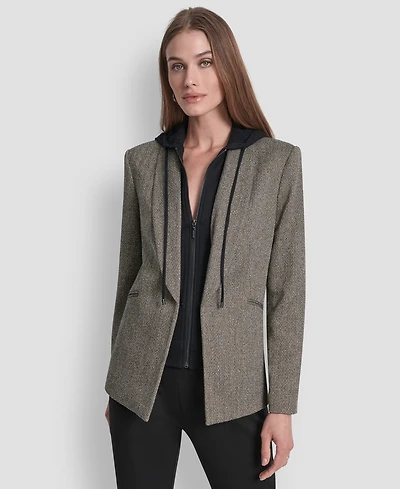 Dkny Women's Herringbone Pattern Blazer with Fleece Hoodie
