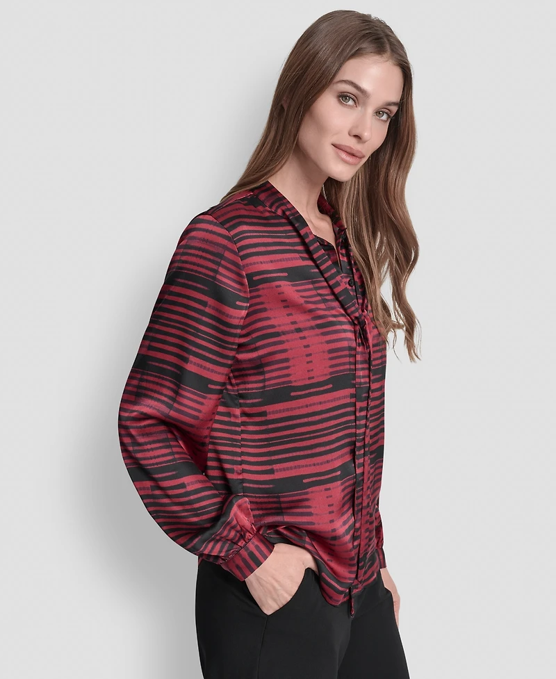Dkny Women's Printed Satin with Covered Placket and Tie Neck Blouse