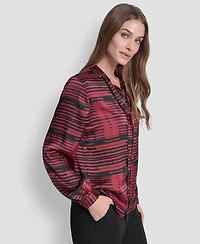Dkny Women's Printed Satin with Covered Placket and Tie Neck Blouse