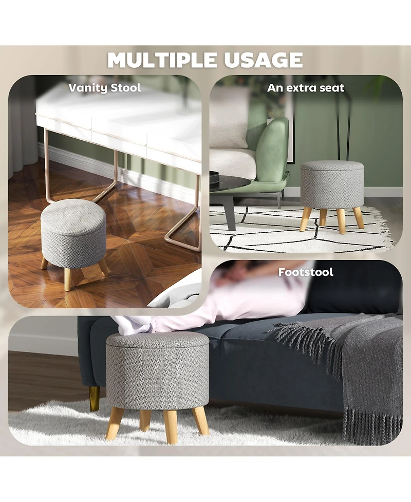 Homcom Storage Ottoman, Round Stool Chair with Cushioned Top, Light