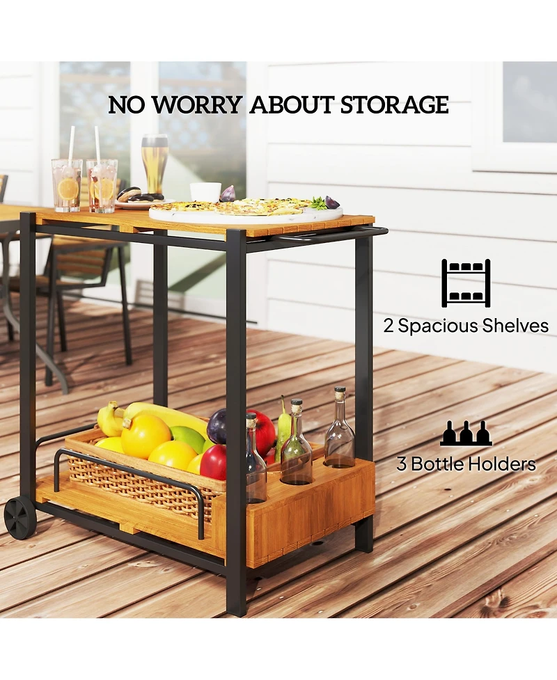 Outsunny Acacia Wood Outdoor Bar Cart, 2-Tier Outdoor Serving Cart,