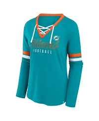 Fanatics Women's Aqua Miami Dolphins Won and Done Lace-Up Long Sleeve Fashion Top