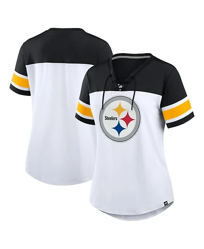 Fanatics Women's White/Black Pittsburgh Steelers Athena Rhinestone Lace-Up V-Neck T-Shirt