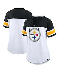 Fanatics Women's White/Black Pittsburgh Steelers Athena Rhinestone Lace-Up V-Neck T-Shirt