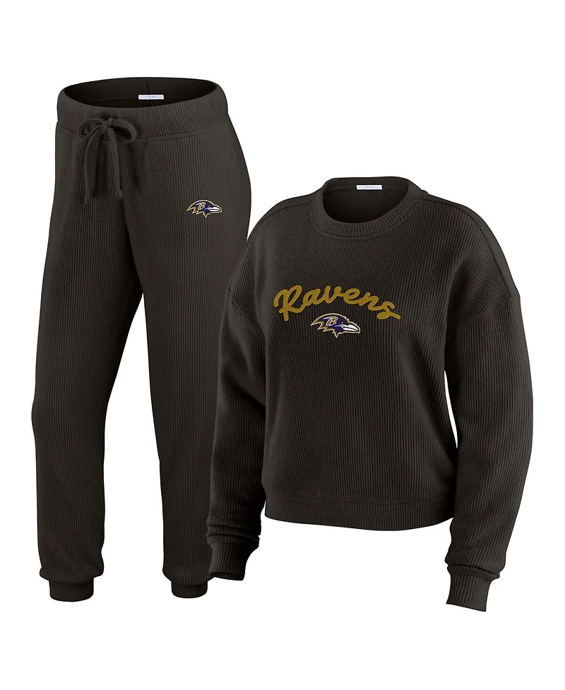 Wear by Erin Andrews Women's 2-Piece Cream Baltimore Ravens Knitted Tri-Blend Long Sleeve T-Shirt and Pants Lounge Set