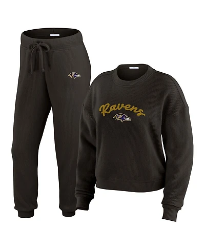 Wear by Erin Andrews Women's 2-Piece Cream Baltimore Ravens Knitted Tri-Blend Long Sleeve T-Shirt and Pants Lounge Set