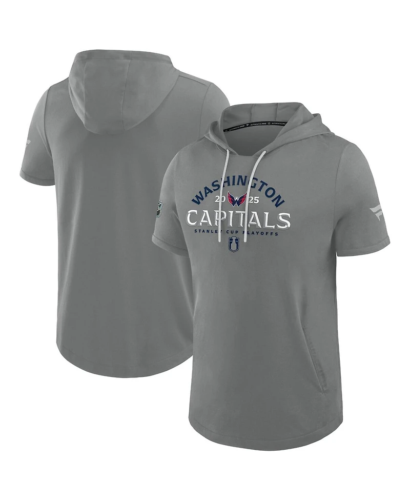 Fanatics Men's Gray Washington Capitals 2025 Stanley Cup Playoffs Authentic Pro Road Performance Short Sleeve Pullover Hoodie