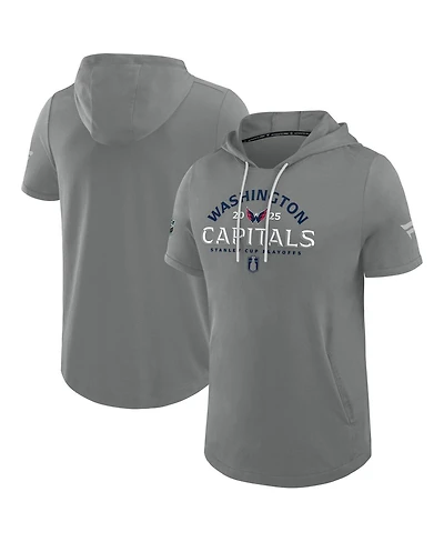 Fanatics Men's Gray Washington Capitals 2025 Stanley Cup Playoffs Authentic Pro Road Performance Short Sleeve Pullover Hoodie