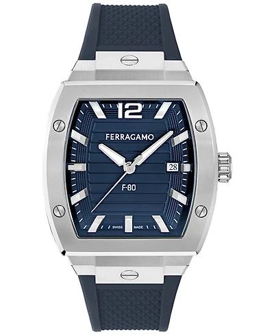 Ferragamo Men's Swiss F-80 Tonneau Blue Polyurethane Strap Watch 42mm