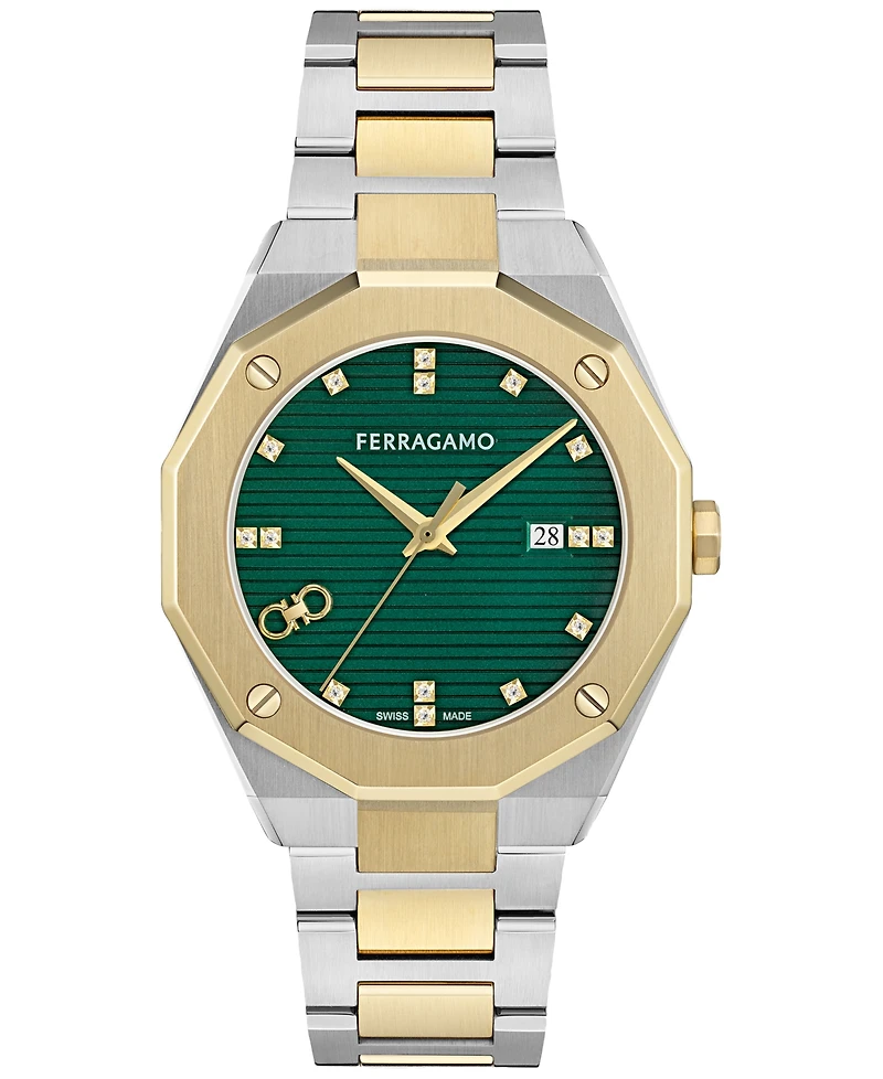 Ferragamo Men's Swiss Edge Diamond (1/10 ct. t.w.) Two-Tone Stainless Steel Bracelet Watch 40mm