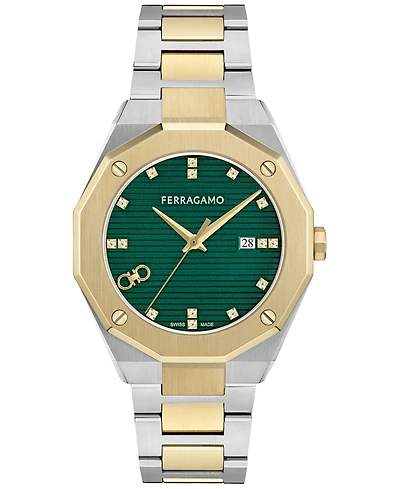 Ferragamo Men's Swiss Edge Diamond (1/10 ct. t.w.) Two-Tone Stainless Steel Bracelet Watch 40mm