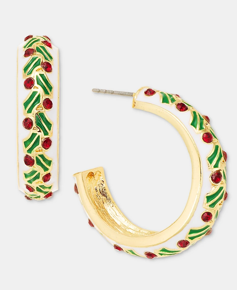 Holiday Lane Medium Pave Mistletoe C-Hoop Earrings, 1.1", Macy's Exclusive