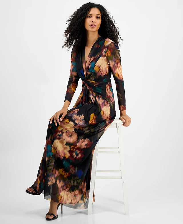anne klein women's printed twist-front long-sleeve maxi dress Anne Klein Women's Printed Twist-Front Long-Sleeve Maxi Dress