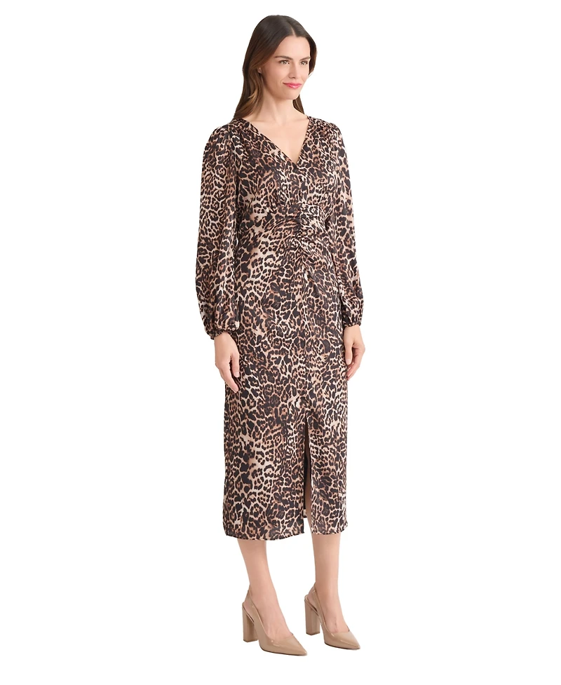 Jones New York Women's Long Sleeve Shirred Front Slit Midi Dress