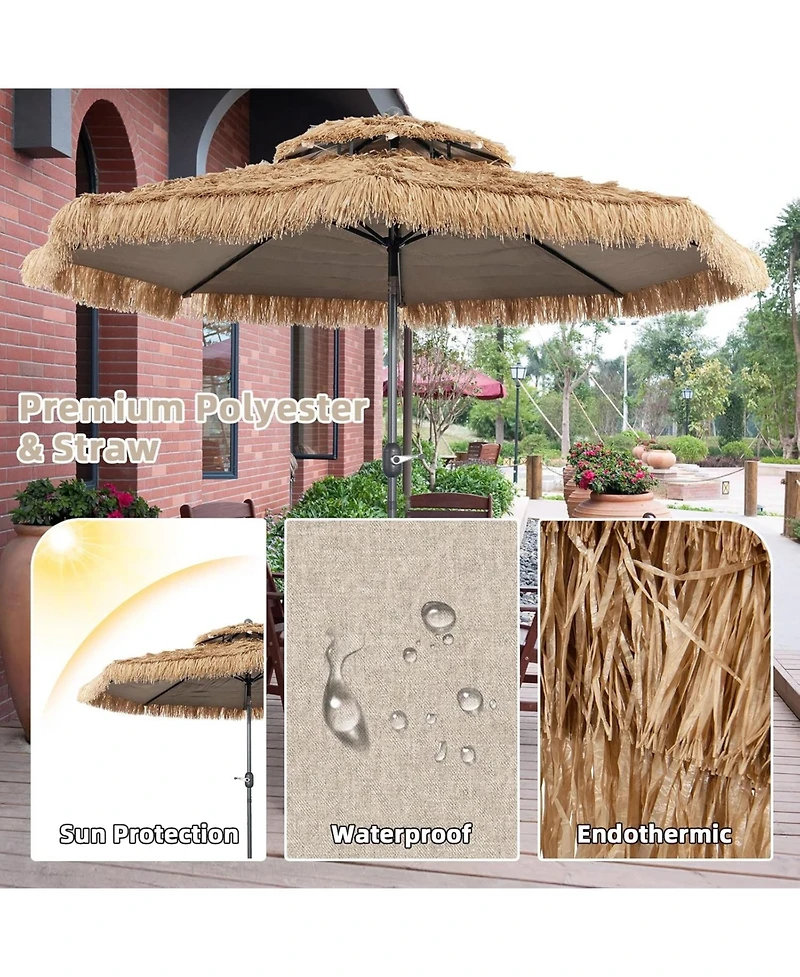 Gymax 10 ft Thatched Tiki Patio Umbrella Beach 2 Tier Hawaiian Pool Sun Shade