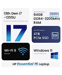 Hp Essential 15.6" Laptop, Intel Core i7-1355U, 16GB Ram, 512GB Ssd, Intel Iris Xe Graphics, Fhd 60Hz Display, Windows 11 Home, Silver