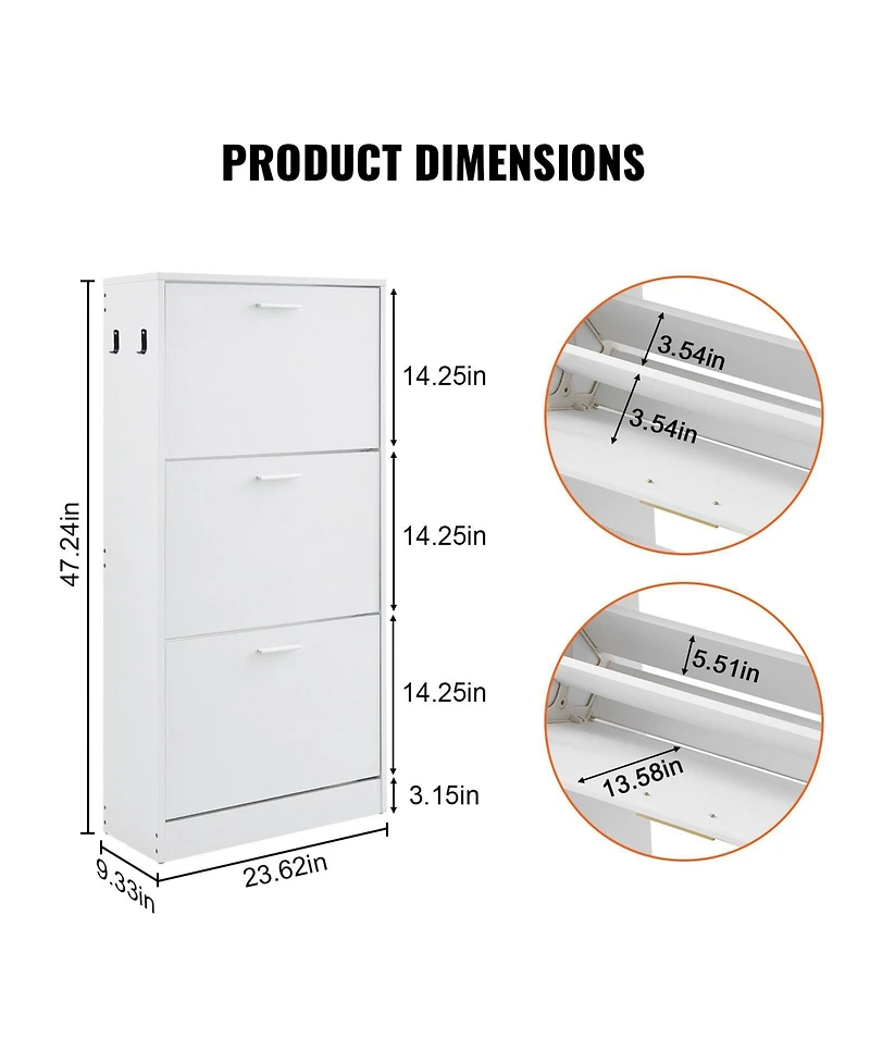 Slickblue Shoe Cabinet with 3 Flip Drawers and Side Hooks, Freestanding Entryway Organizer
