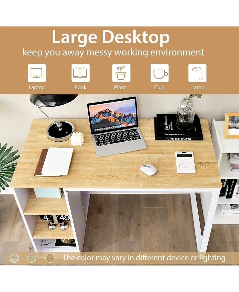 Mecale Computer Desk with 5 Side Shelves and Metal Frame