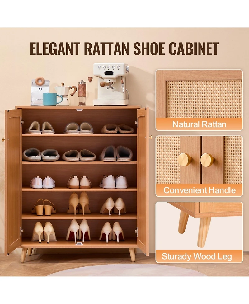 Slickblue Rattan Shoe Cabinet with 2 Doors, 5-Tier Shoe Organizer with Adjustable Shelves