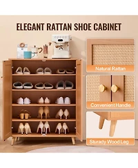 Slickblue Rattan Shoe Cabinet with 2 Doors, 5-Tier Shoe Organizer with Adjustable Shelves