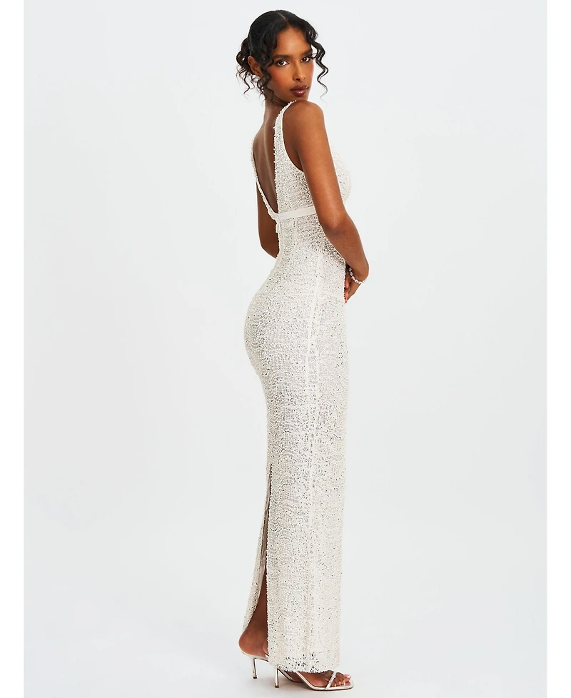 Miss Circle Women's Adelaide White Beaded Sequin Net Bodycon Gown