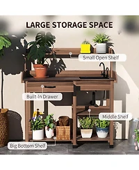 Outsunny Outdoor Garden Potting Bench Table with Hooks,
