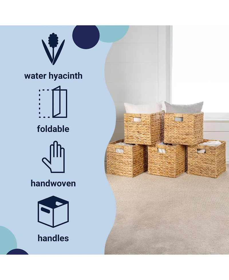 Happimess Bryce Classic Farmhouse Hand-Woven Hyacinth Collapsible Storage Cube Baskets with Handles (Set of 5)