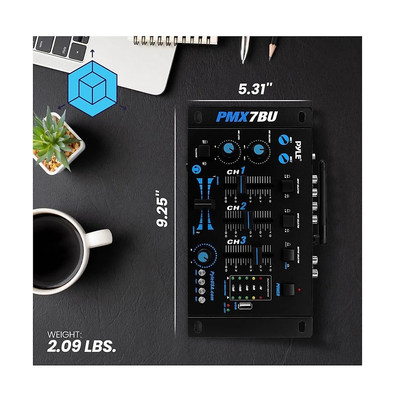 Pyle Bluetooth 3-Channel Dj MP3 Mixer with Mic-Talkover, Usb Flash Reader, Dual Rca & Microphone Inputs