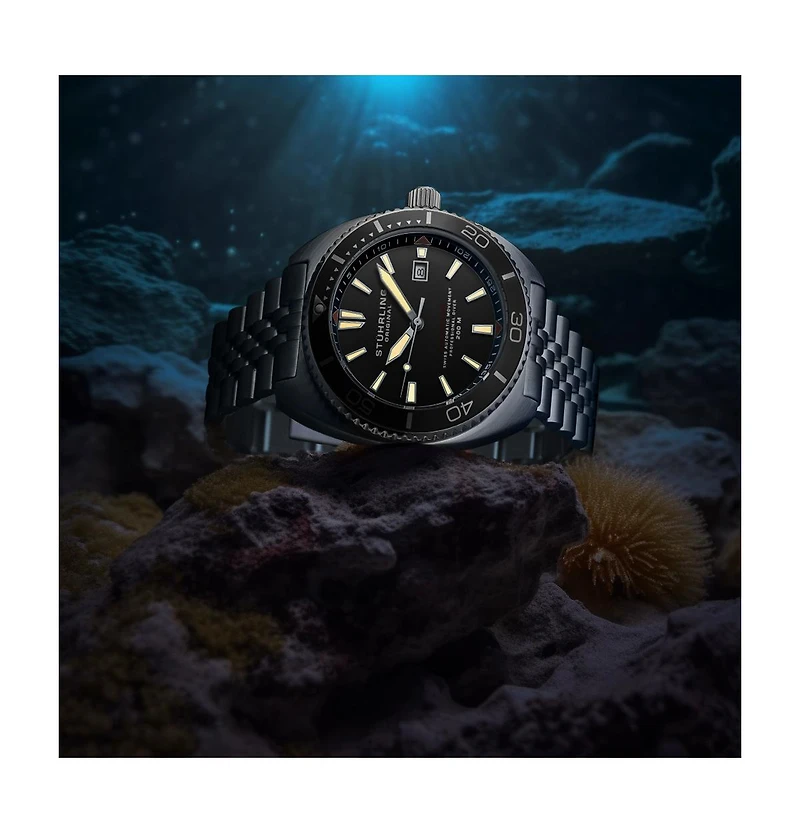Stuhrling 1008 Men s Automatic Watch Swiss Movement Tonneau Stainless Steel Case Black Dial Bezel Jubilee Bracelet 200M Water Resistant Date Window