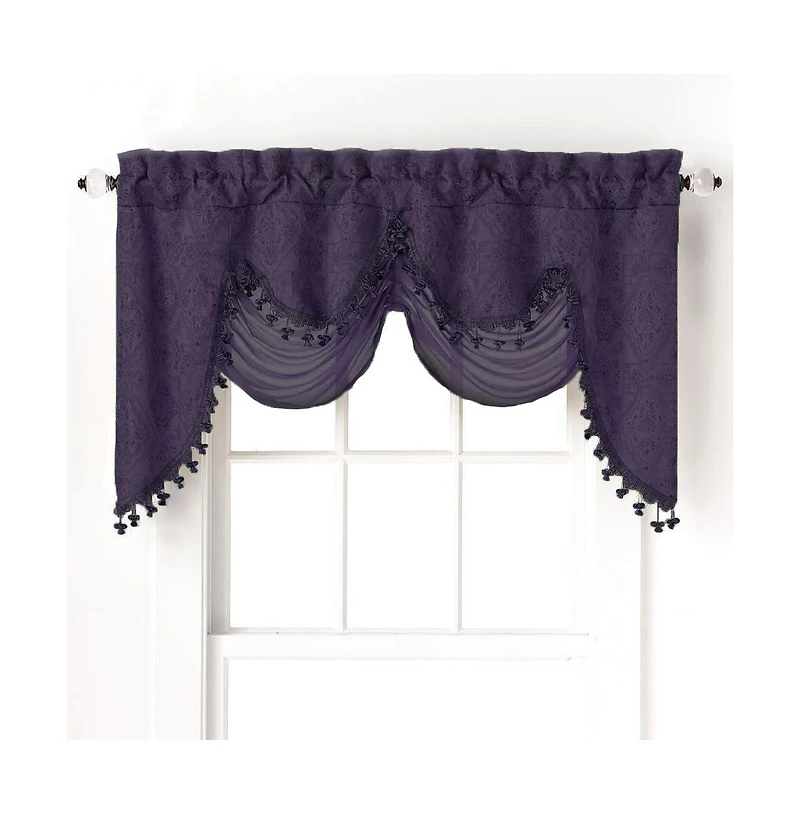 Kate Aurora Georgina Ultra Luxurious Raised Jacquard And Fringed Trimmed Austrian Window Valance - 52 in. W x 28 L, Purple
