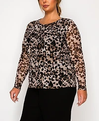 Coin 1804 Plus Leopard Mesh Scoop Neck Long Sleeve Top