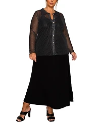 Coin 1804 Plus Dot Mesh Button Front Long Sleeve Top