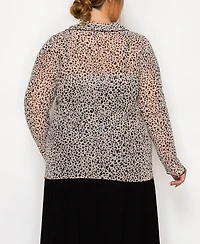 Coin 1804 Plus Leopard Mesh Button Front Long Sleeve Top