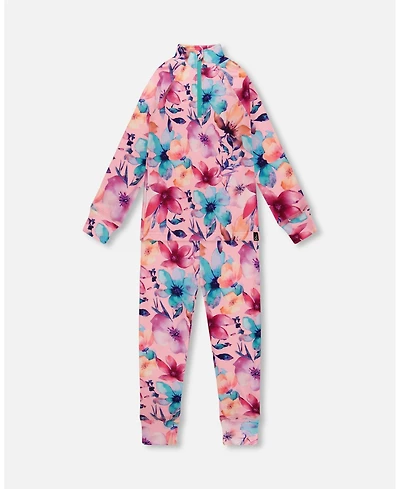 Deux par Girl Two-Piece Thermal Underwear Set Pink Watercolor Flower Print