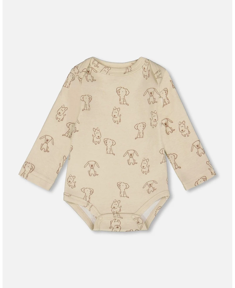 Deux par Baby Boy Cotton Onesie Beige Puppy Print