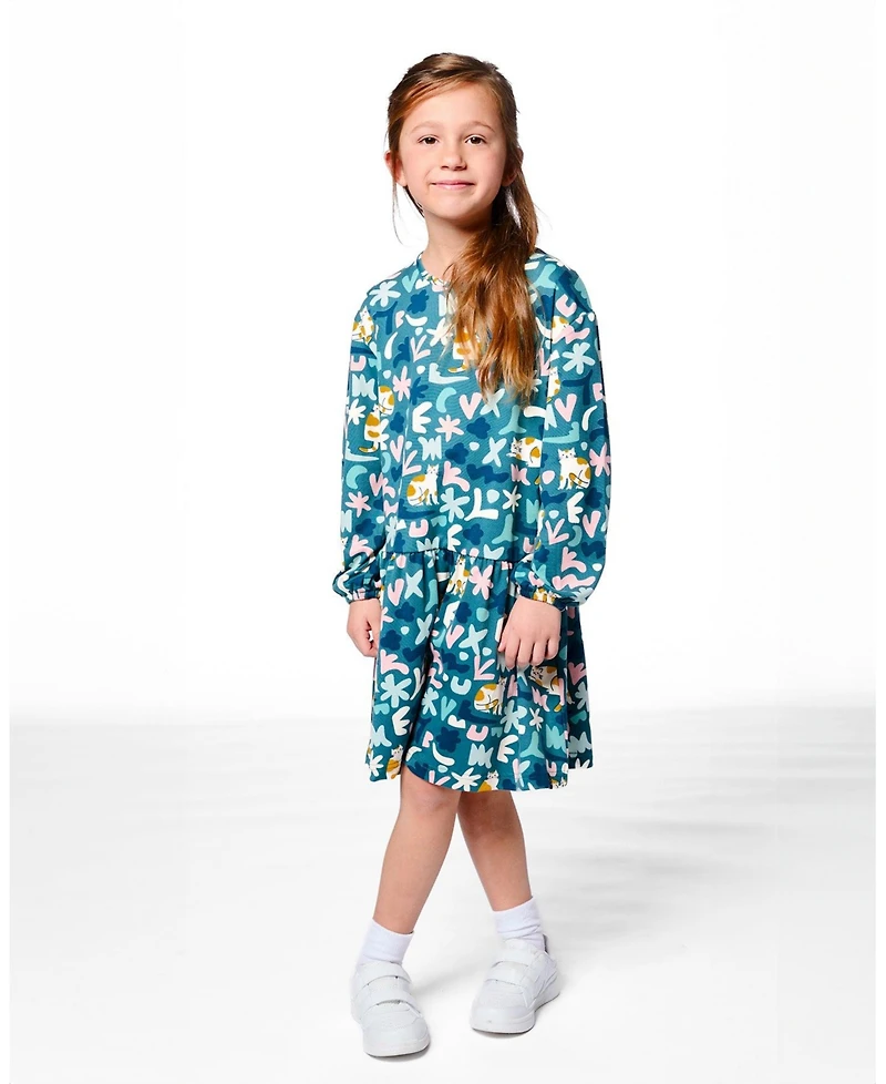 Deux par Big Girls Jersey Dress Green Cat Print