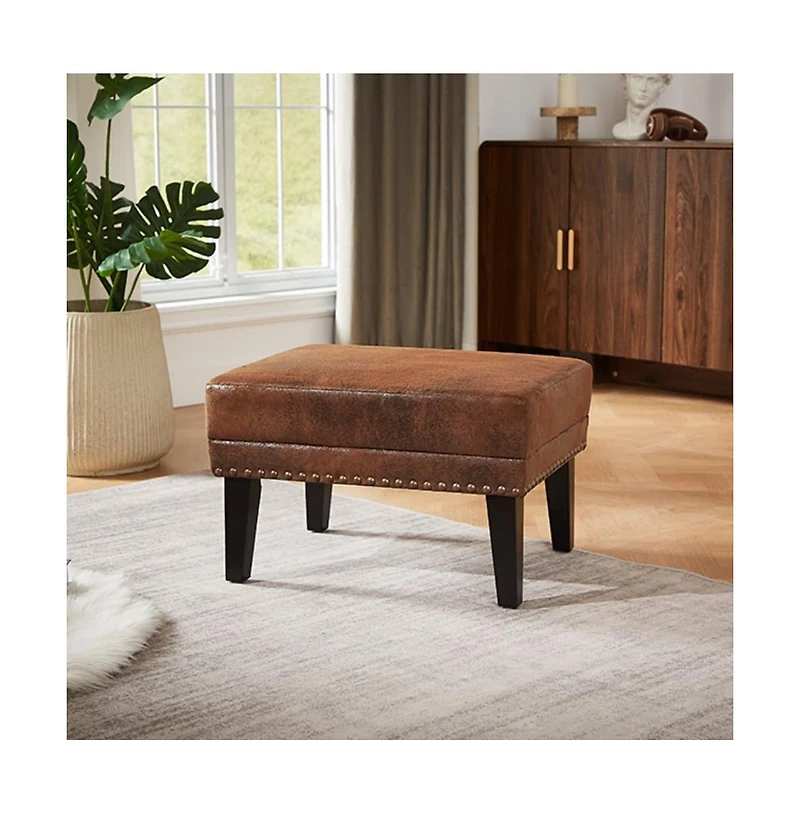 The Pop Home Vintage Upholstered Ottoman with Nailhead Trim, Distressed Brown Footstool with Solid Wood Legs-The Pop Home