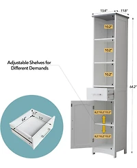 Vanirror Tall Freestanding Storage Cabinet - 13 x 64 Inches, Grey Top with Matte White Finish, Adjustable Shelves & Anti-Fall Drawer Guides