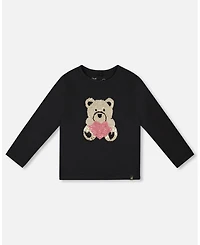 Deux par Girl Black Cotton T-Shirt with Reversible Sequin Teddy Bear - Child