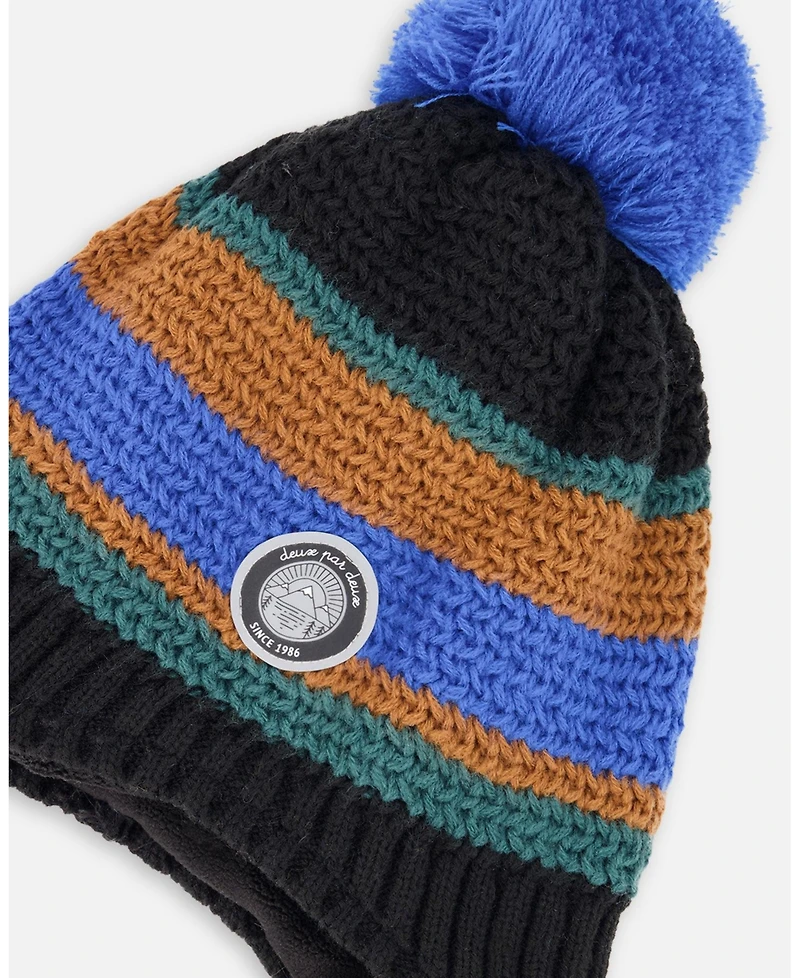 Deux par Boy Lined Peruvian Knit Pompom Hat Black, Blue and Brown - Toddler|Child