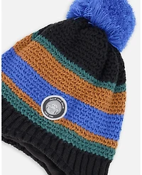 Deux par Boy Lined Peruvian Knit Pompom Hat Black, Blue and Brown - Toddler|Child