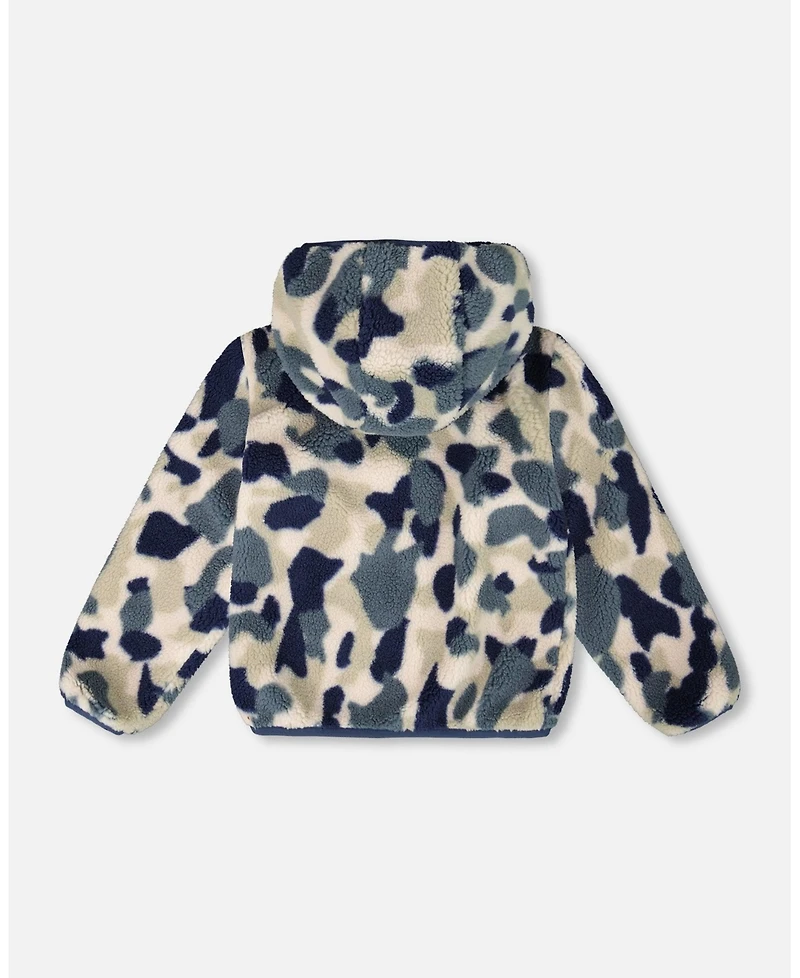 Deux par Kids Unisex Reversible Mid-Season Sherpa Jacket Blue Camo
