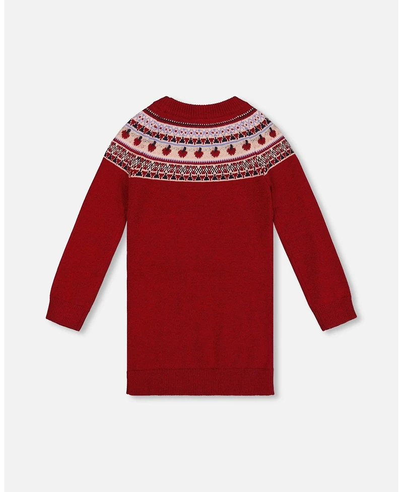 Deux par Toddler Girls Knit Dress Red with Apple Jacquard Yoke - Toddler|Child