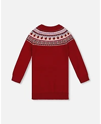 Deux par Toddler Girls Knit Dress Red with Apple Jacquard Yoke - Toddler|Child