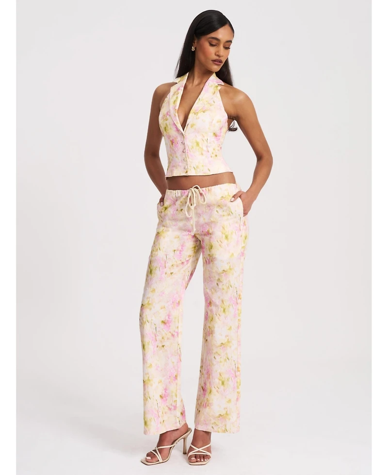 Miss Circle Women Lauren Pink Floral Print Ruched Back Linen Suit Vest