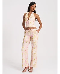 Miss Circle Women Lauren Pink Floral Print Ruched Back Linen Suit Vest