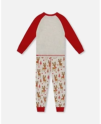 Deux par Baby Girl Cotton Two-Piece Pajamas Beige Girly Reindeer Print