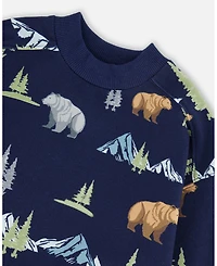 Deux par Boy Pullover Fleece Sweatshirt Navy Animal Print